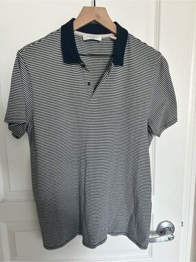 SANDRO PARIS STRIPPED dark Blue and White Polo with Contrast Collar Size L